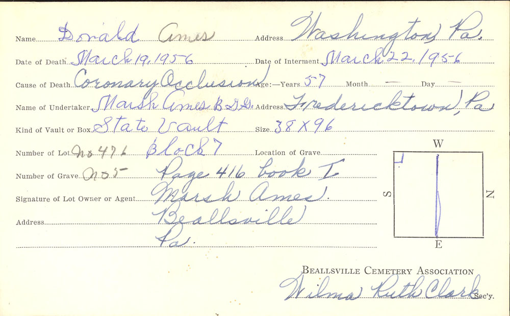 William Donald Ames burial card